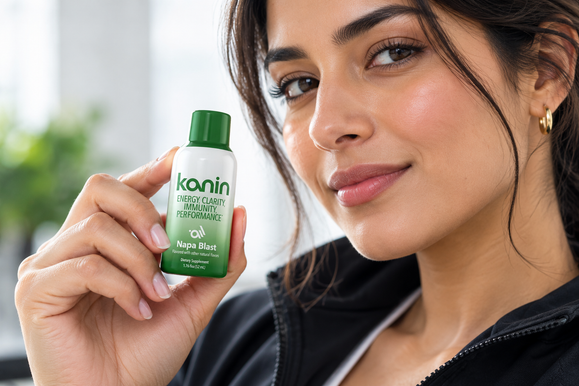 Woman sipping a Kanin energy shot from a small bottle
